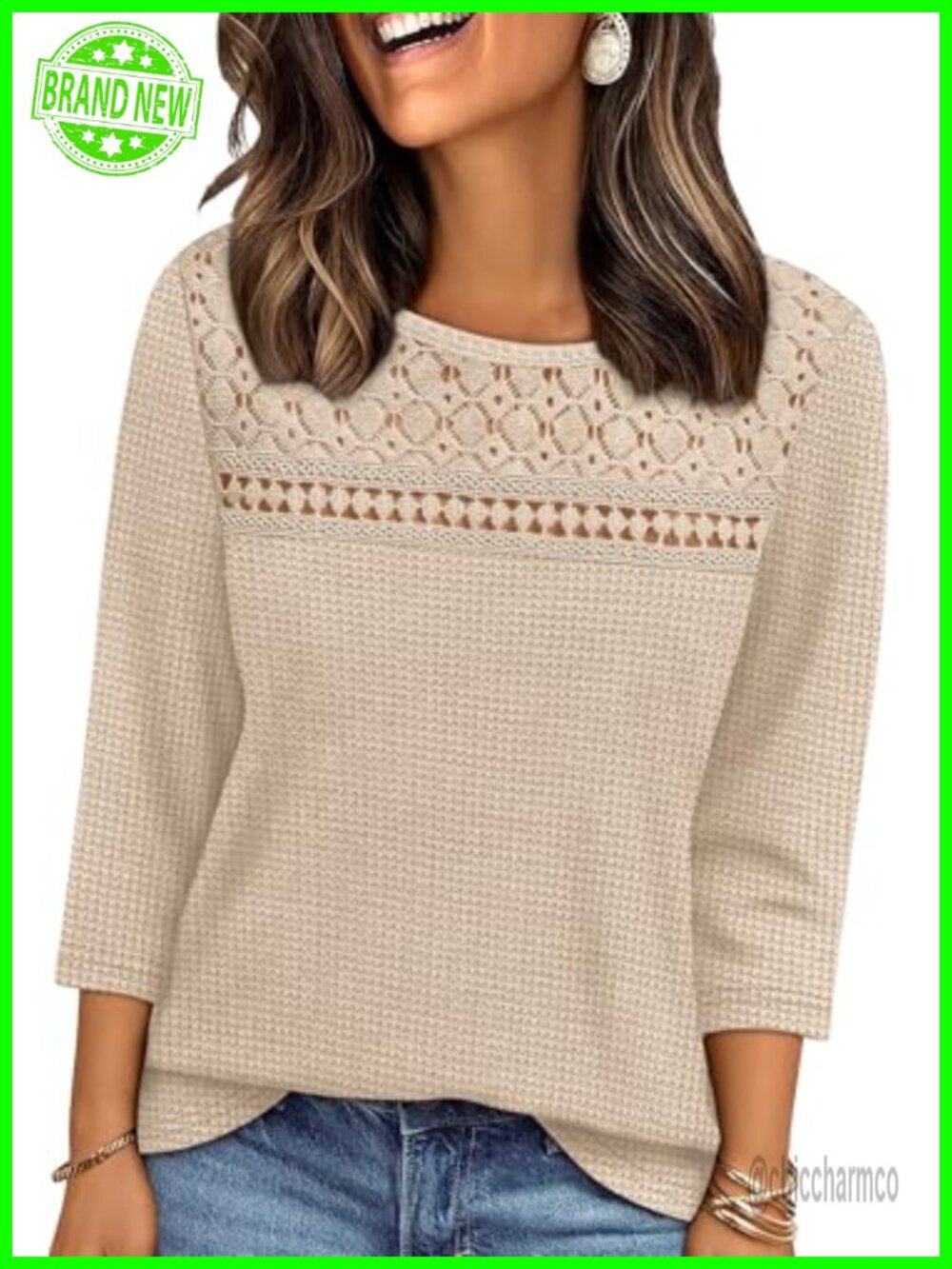 Womens 3/4 Sleeve Waffle Knit Blouse Lace Crochet Detail Dressy Casual Top